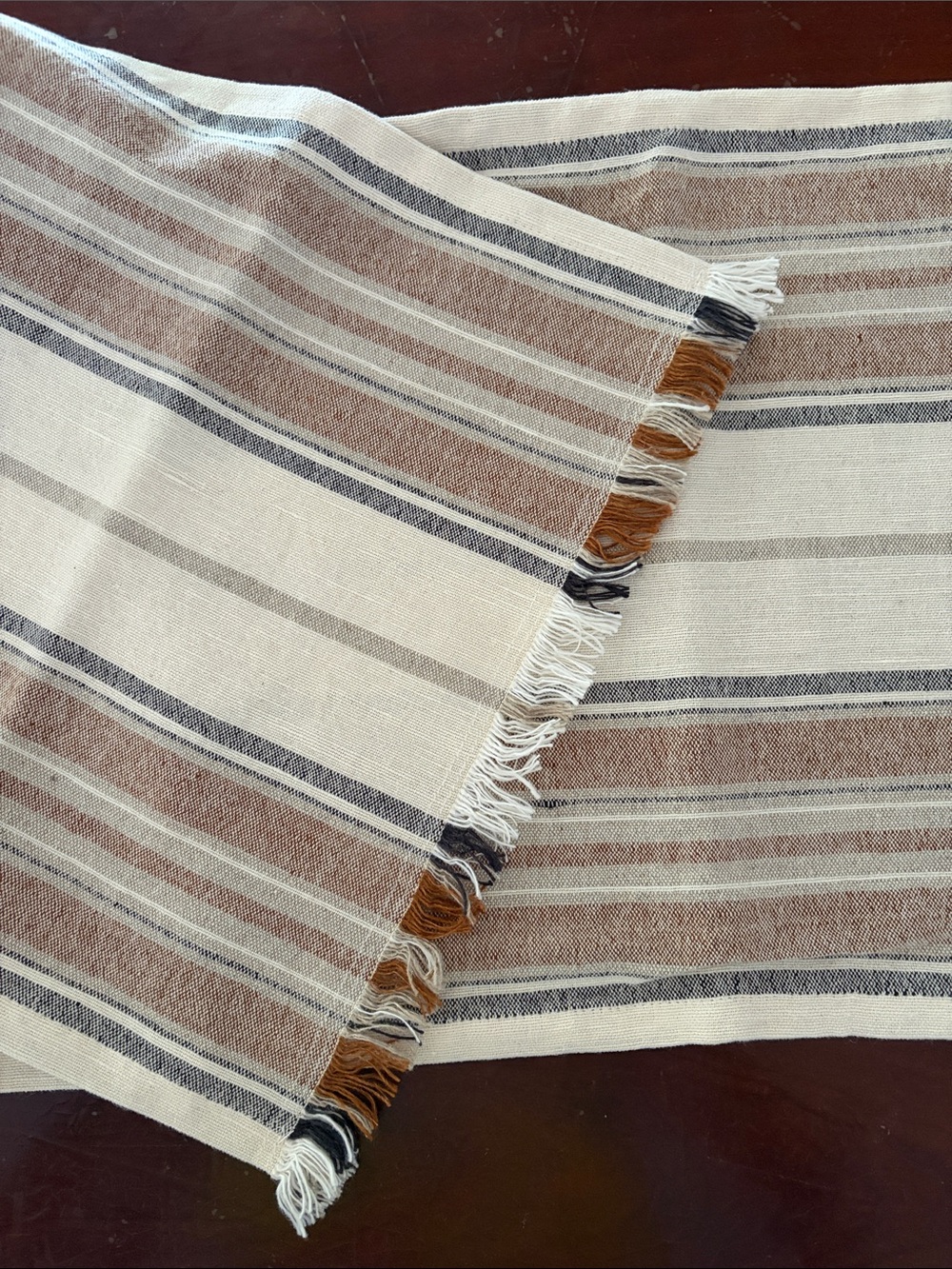 Neutral Striped Table Runner with Fringe Farmhouse Rustic Dining Décor - Picture 7 of 7